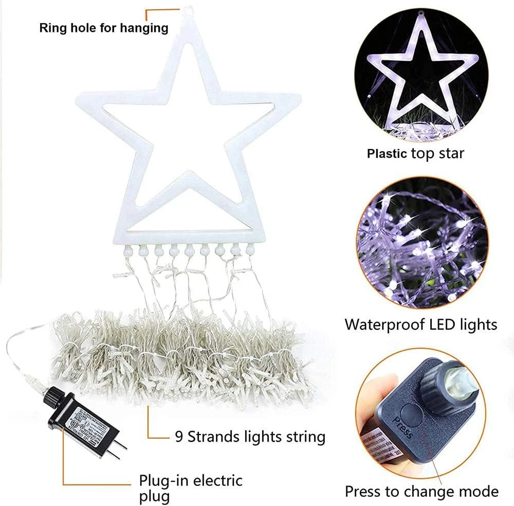 Outdoor Christmas Decorations Star String Lights, 317 LED 11.5 Ft Waterfall Tree Lights With 8 Memory Lighting Modes&Timer Christmas Star Lights For Yard Indoor, Festival, Party, Christmas Decorations 9 Outdoor Christmas Decorations Star String Lights, 317 LED 11.5 Ft Waterfall Tree Lights With 8 Memory Lighting Modes&Timer Christmas Star Lights For Yard Indoor, Festival, Party, Christmas Decorations - Image 7