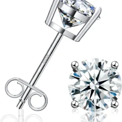 Stud Earrings For Women Men Girl, FCINOS 18K White Gold Plated S925 Sterling Silver 1/2/4 CT D Color VVS1 Clarity Round Cut Moissanite Lab Created Diamond Earrings Promise Birthday Christmas Gift