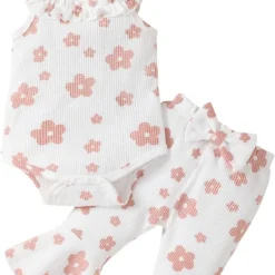 GENERIC Baby Christmas Headband Infant Girls Sleeveless Romper Bodysuit Floral Prints Bell Bottoms Pants (WH1, 12-18 Months)