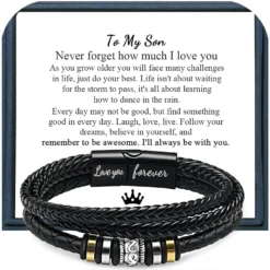 Leather Bracelet For Men Multi-Layer Braided Leather Bracelet With Clasp Black Inspirational Bangle Bracelet Wristband Christmas Birthday Valentine's Day Gifts For Boyfriend Husband Dad Brother Son Grandson