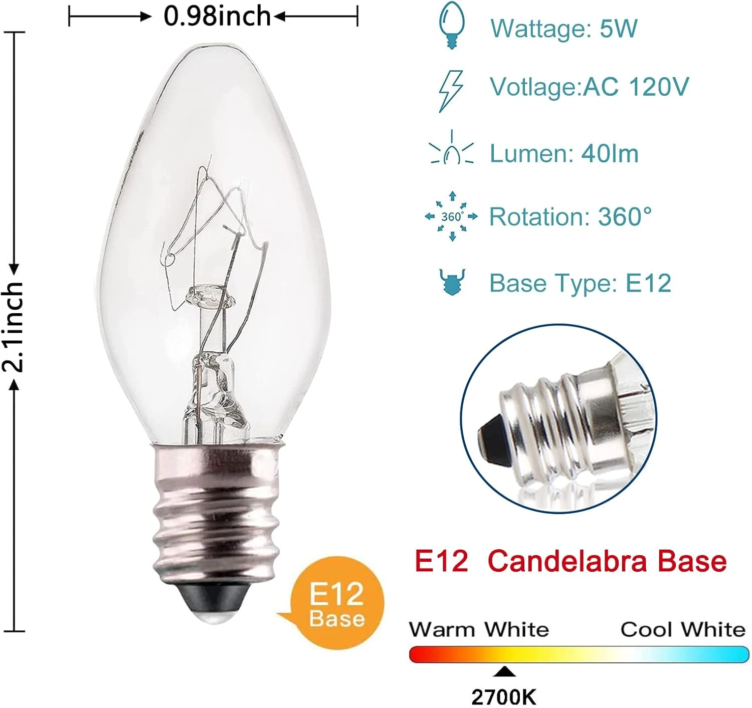 6Ft C7 Indoor Patio String Lights With C7 Candle Light Bulb Christmas Village Accessories 5W Cord With Light Bulbs ForIndoor/Outdoor Lights For Patio Garden Backyard Bistro Gazebo (2 Pack) 4 6Ft C7 Indoor Patio String Lights With C7 Candle Light Bulb Christmas Village Accessories 5W Cord With Light Bulbs ForIndoor/Outdoor Lights For Patio Garden Backyard Bistro Gazebo (2 Pack) - Image 2