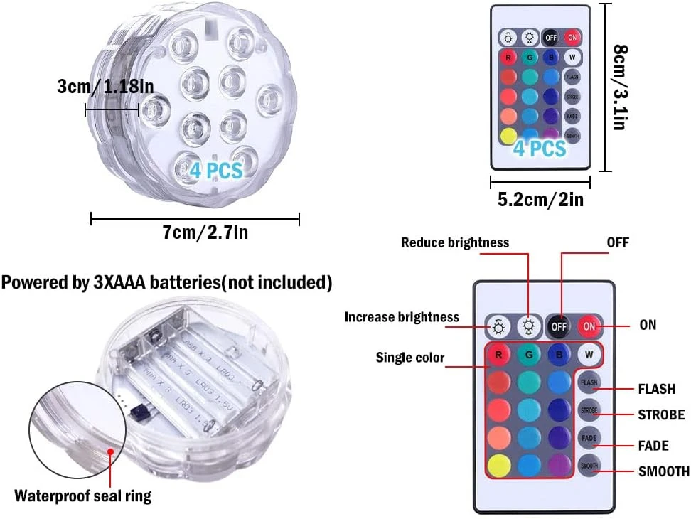 Hitopin Submersible LED Lights, 4PCS Waterproof Underwater Remote Controlled Battery Operated Wireless, Multicolor Submersible Led Lights For Christmas, Pond, Party, Wedding, Vase Base Decorations 11 Hitopin Submersible LED Lights, 4PCS Waterproof Underwater Remote Controlled Battery Operated Wireless, Multicolor Submersible Led Lights For Christmas, Pond, Party, Wedding, Vase Base Decorations - Image 9