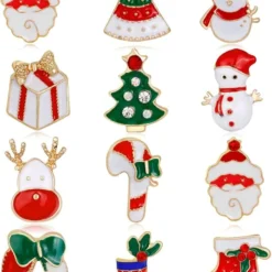 Malyunin Pack Of 12 Enamel Christmas Brooches Santa Claus Pins Set Jewelry For Women Girls Xmas Gifts