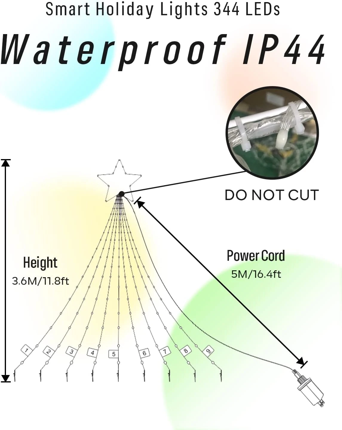 Outdoor Christmas Decorations Lights With Star, Smart DIY Custom Display 11.8Ft 64 Modes Yard Waterfall Tree Halloween String Lights, App Control 344LED RGB Color Changing Music Timer For Xmas Tree 8 Outdoor Christmas Decorations Lights With Star, Smart DIY Custom Display 11.8Ft 64 Modes Yard Waterfall Tree Halloween String Lights, App Control 344LED RGB Color Changing Music Timer For Xmas Tree - Image 6