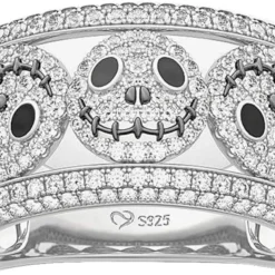 Jeulia Nightmare Before Christmas Wedding Band 925 Sterling Silver Jack Skellington Skull Rings CZ Solitaire Engagement Rings With Side Stones Halloween Jewelry Chirstmas Birthday Festival Gift
