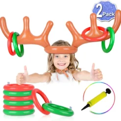 2 Set Inflatable Reindeer Antler Game, (2 Inflatable Antler, 12 Rings Reindeer Ring Toss) Inflatable Reindeer Antler Hat With Rings, Family Christmas Party Games