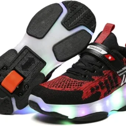RESLIDE Kids Roller Shoes 4 Wheels Roller Shoes With Wheels For Boys Girls Kids Skates Sneakers LED Light Rechargeable Sport Roller Sneaker Party Birthday Christmas Best Gift(13 US=31 CN,Single Red)