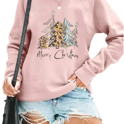 Women Christmas Sweatshirt Leopard Xmas Tree Print Blouse Funny Letter Graphic Top Long Sleeve Shirt Pullover Tee
