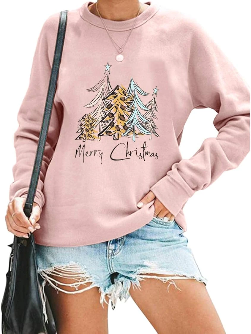 Women Christmas Sweatshirt Leopard Xmas Tree Print Blouse Funny Letter Graphic Top Long Sleeve Shirt Pullover Tee 3 Women Christmas Sweatshirt Leopard Xmas Tree Print Blouse Funny Letter Graphic Top Long Sleeve Shirt Pullover Tee
