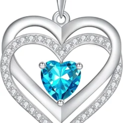 RIVIKO Heart Birthstone Necklaces Gifts For Women, 925 Sterling Silver Love Heart Pendant Necklace Mothers Day Valentines Christmas Birthday Jewelry Gifts For Her Girls Mom Wife Girlfriend