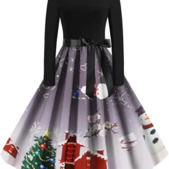WUAI Women Christmas Dress Plus Size Vintage Santa Claus Snowflake Patterns Evening Prom Costume Swing A-Line Dress