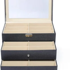3 Layers Carbon Fiber Sunglasses Storage Box 18 Grids Eyewear Display Holder With Transparent Glass Cover On Top Eyeglasses Organizer Case Drawer Lockable Case Ideas For Halloween And Christmas Gifts