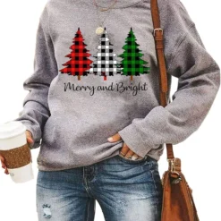 Merry And Bright Shirt Women Funny Leopard Printed Plaid Christmas Trees Long Sleeve Sweatshirts Xmas Graphic Tees