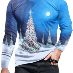 KCaHFO Men's Christmas Shirt Long Sleeve Tops Crewneck Ugly 3D Xmas Tree Graphic Casual T Shirt Pullover Sports Blouses