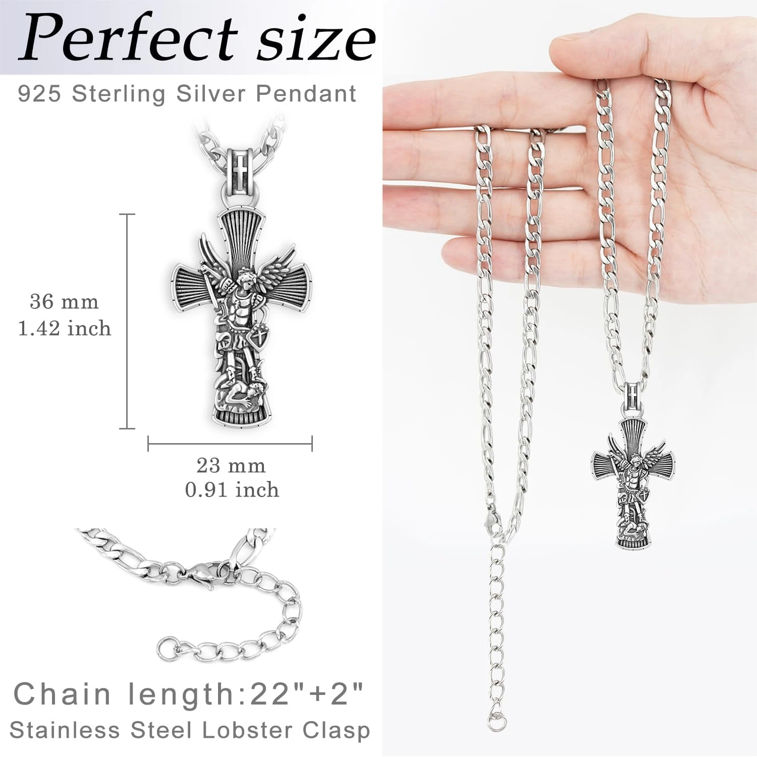 Jiulegufa St Michael Necklace For Men 925 Sterling Silver Cross Archangel Michael Necklace Protection Jewelry Gifts For Father Husband Birthday Christmas 22"+2" Chain 6 Jiulegufa St Michael Necklace For Men 925 Sterling Silver Cross Archangel Michael Necklace Protection Jewelry Gifts For Father Husband Birthday Christmas 22"+2" Chain - Image 4