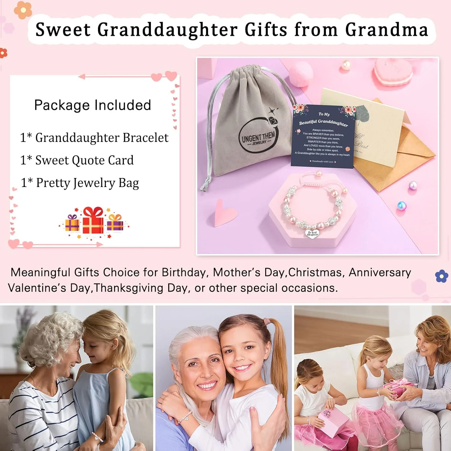 UNGENT THEM Pink Pearl And Rhinestone Bracelet For Girls Granddaughter Daughter Niece Big Sister Birthday Christmas Easter Gifts 8 UNGENT THEM Pink Pearl And Rhinestone Bracelet For Girls Granddaughter Daughter Niece Big Sister Birthday Christmas Easter Gifts - Image 6