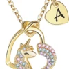 Unicorns Gifts For Girls, 14K Gold/White Gold/Rose Unicorn Necklace For Girls Initial Unicorn Jewelry For Kids Birthday Gifts For Girls Colorful CZ Jewelry Christmas Unicorn Gifts For Girls Age 6-8-10-12-16-18