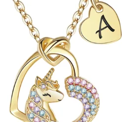 Unicorns Gifts For Girls, 14K Gold/White Gold/Rose Unicorn Necklace For Girls Initial Unicorn Jewelry For Kids Birthday Gifts For Girls Colorful CZ Jewelry Christmas Unicorn Gifts For Girls Age 6-8-10-12-16-18