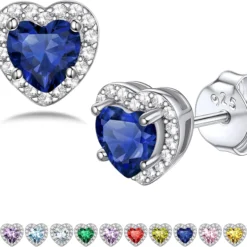 Bestyle Sparkling 925 Sterling Silver Birthstone Stud Earrings For Women, Heart/Round/Teardrop/Square Crystal Solitaire Diamond Studs Halo Earrings, Great Birthday/Christmas Gifts