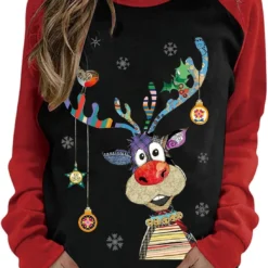Zkuisw Ugly Christmas Sweater For Women Funny Cute Reindeer Print Long Sleeve Shirts Fall Novelty Xmas Crewneck Sweatshirts