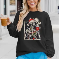 IZYJOY Women Christmas Skeleton Coffee Sweatshirts Xmas Santa Drinking Hot Coffee Skull Graphic Tee Oversized Pullover Top -Xmas Mart Sales 71GrwX26ktL. AC UL1500
