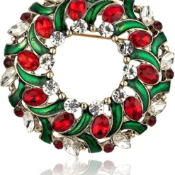 RareLove Vintage Christmas Wreath Brooch,Red Green Rhinestone Crystal Christmas Brooch Pins And Brooches For Women Girls Silver Plated Alloy,Holiday Brooch Jewelry