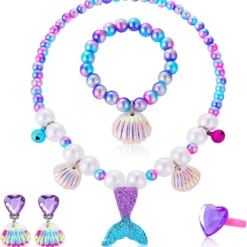 DkakoJew Jewelry Set For Girls Necklace Bracelet Earring Ring Set Mermaid Necklace For Girls Jewelry Set Halloween Christmas Birthday Gift