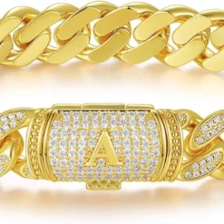 ETEVON Cuban Link Initial Bracelet For Men Gold Plated Hip Hop Mens Jewelry Gift For Boyfriend Birthday Christmas Anniversary Valentines Day Diamond Gold Chain Jewelry Gifts For Men Husband Boy Son Dad
