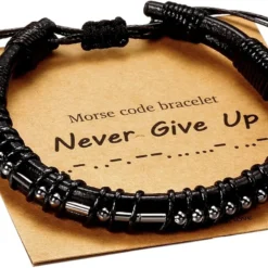 Morse Code Bracelets Gifts For Men, Gunmetal Beads On Leather Bracelets For Mens Gifts Inspirational Gifts For Mens Jewelry Unique Fathers Day Birthday Christmas Gifts For Boyfriend Dad Best Friend