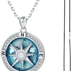 WOUOVO Navy-Anchor Travel-Map Rotatable Compass Necklace - Inspirational Nautical Dream Opal Compass Pendant Necklaces For Women Men,Christmas Jewelry Gifts For Boys And Girls