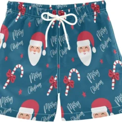 Christmas Santa Candy Bow Boys Swim Trunks Toddler Beach Board Shorts Quick Dry Kids Swimwear Bathing Suits M