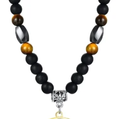 Allah Medallion Necklace, Stainless Steel Islamic Jewelry,Arabic Jewelry,Allah Name Of God Round Pendant Necklace For Women And Men With Agate Beaded Chain, Muslim Gift Jewelry,Christmas Gift