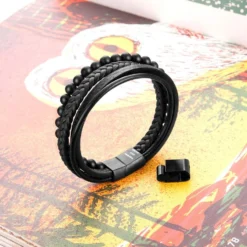 Murtoo Mens Bead Leather Bracelet, Natural Bead, Steel And Leather Bracelet For Men Christmas Gift -Xmas Mart Sales 71Y FuV84YL. AC UL1001