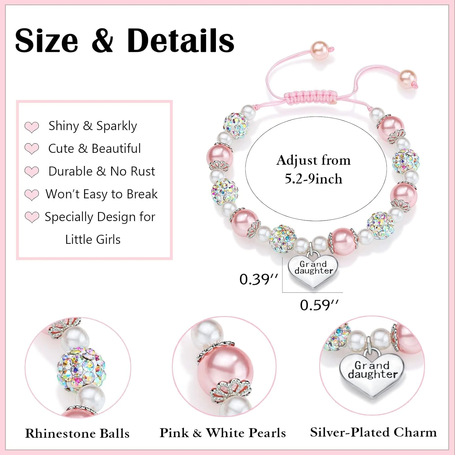 UNGENT THEM Pink Pearl And Rhinestone Bracelet For Girls Granddaughter Daughter Niece Big Sister Birthday Christmas Easter Gifts 5 UNGENT THEM Pink Pearl And Rhinestone Bracelet For Girls Granddaughter Daughter Niece Big Sister Birthday Christmas Easter Gifts - Image 3