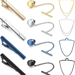 Sanfenly Tie Clips For Men Tie Bar Black Blue Gold Silver Tie Pin Tie Tack With Chain Set For Regular Ties Valentine's Day, Father's Day, Christmas Day Gift