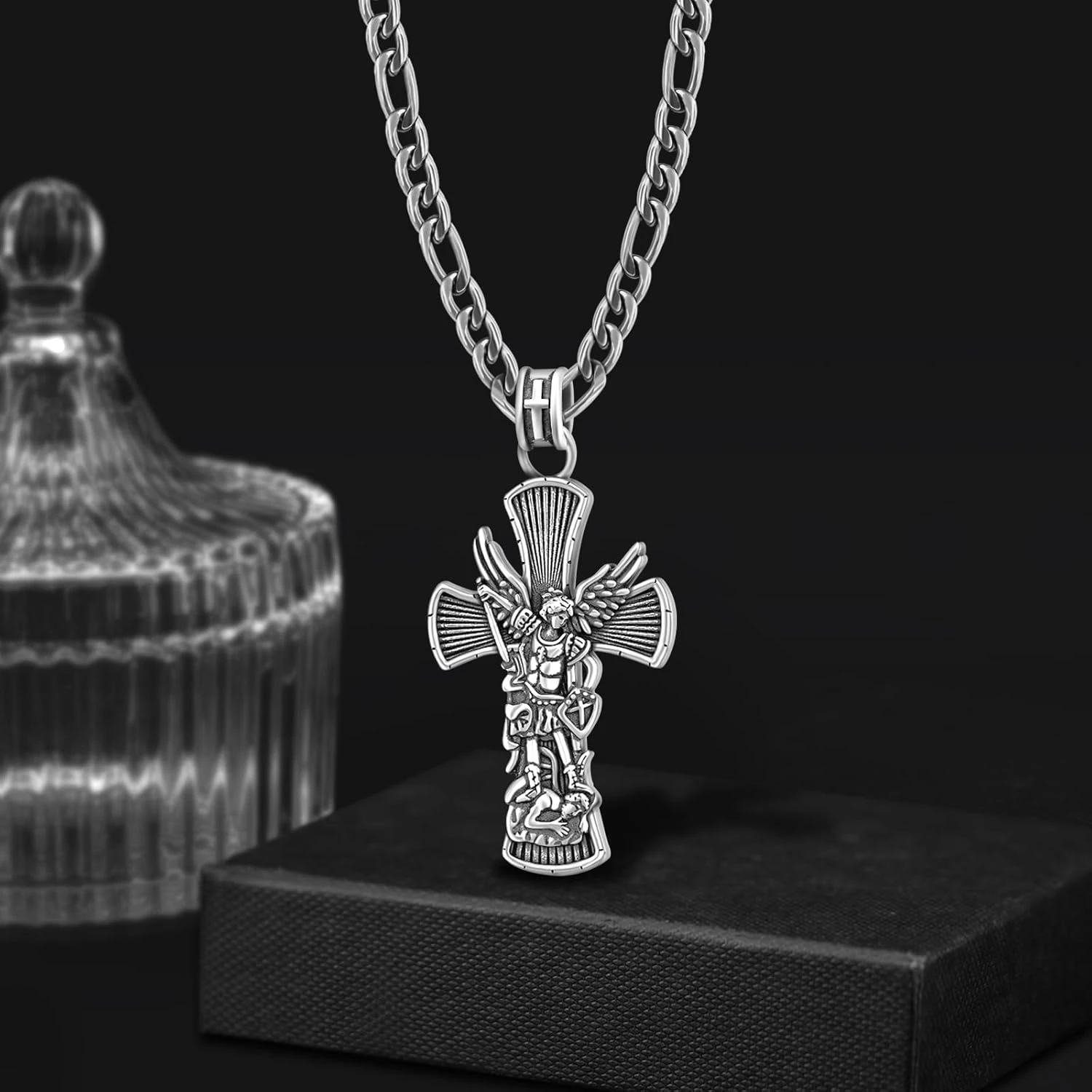 Jiulegufa St Michael Necklace For Men 925 Sterling Silver Cross Archangel Michael Necklace Protection Jewelry Gifts For Father Husband Birthday Christmas 22"+2" Chain 4 Jiulegufa St Michael Necklace For Men 925 Sterling Silver Cross Archangel Michael Necklace Protection Jewelry Gifts For Father Husband Birthday Christmas 22"+2" Chain - Image 2