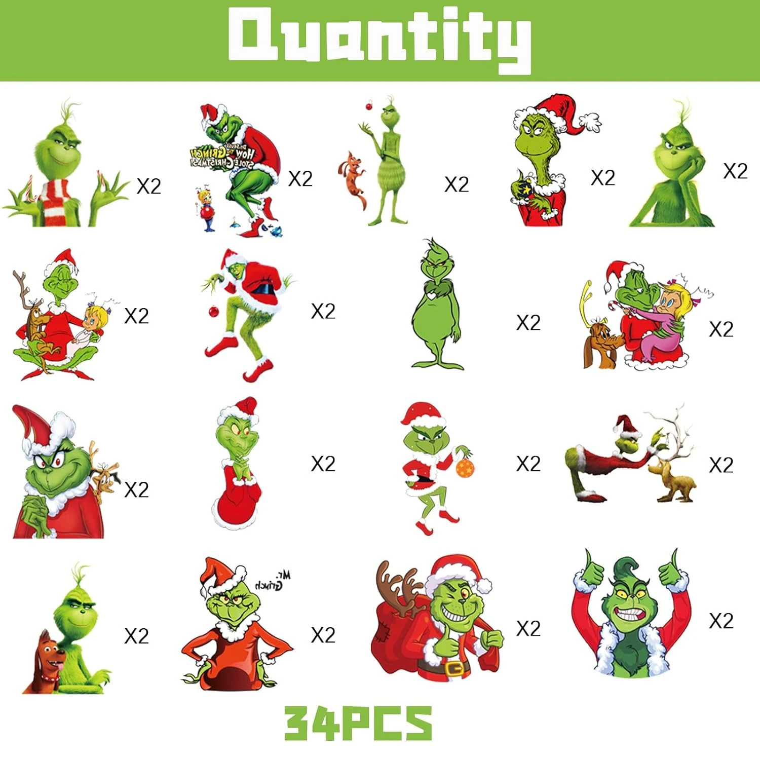 Grinch Christmas Birthday Party Supplies, 34Pcs Temporary Tattoos Party Favors, Removable Skin Safe, Fake Tattoo Stickers For Goody Bag Treat Bag Stuff For Christmas Birthday Party Gifts Add Some Magic To Your Look 5 Grinch Christmas Birthday Party Supplies, 34Pcs Temporary Tattoos Party Favors, Removable Skin Safe, Fake Tattoo Stickers For Goody Bag Treat Bag Stuff For Christmas Birthday Party Gifts Add Some Magic To Your Look - Image 3