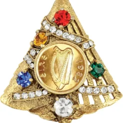 Brooch Irish Half Penny Coin Jewelry- Christmas Tree Pin- Goldtone Bezel-Minted In Ireland Featuring Harp Side