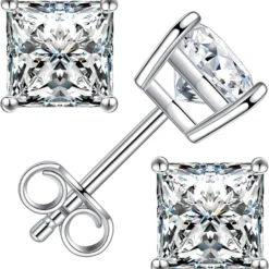 Princess Cut Moissanite Stud Earrings For Women Men, 18K White Gold Plated S925 Sterling Silver D Color VVS1 Clarity 0.3ct-3ct Lab Created Diamond Earrings Promise Birthday Christmas Gift