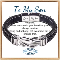 To My Son/Grandson Bracelet, Forever Linked Together Braided Leather Bracelet, Stainless Steel Magnetic Closure Leather Knot Cuff Wristband, Back To School Gifts Christmas Gifts Birthday Gifts