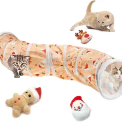 Vehomy 4Pcs Christmas Cat Toys Set - Cat Christmas Tunnel Kitten Xmas S Shape Tube Tunnel With Ball Cat Christms Catnip Toys Cat Gingerbread Man Toy Cat Santa Claus Toy Cat Elk Toy