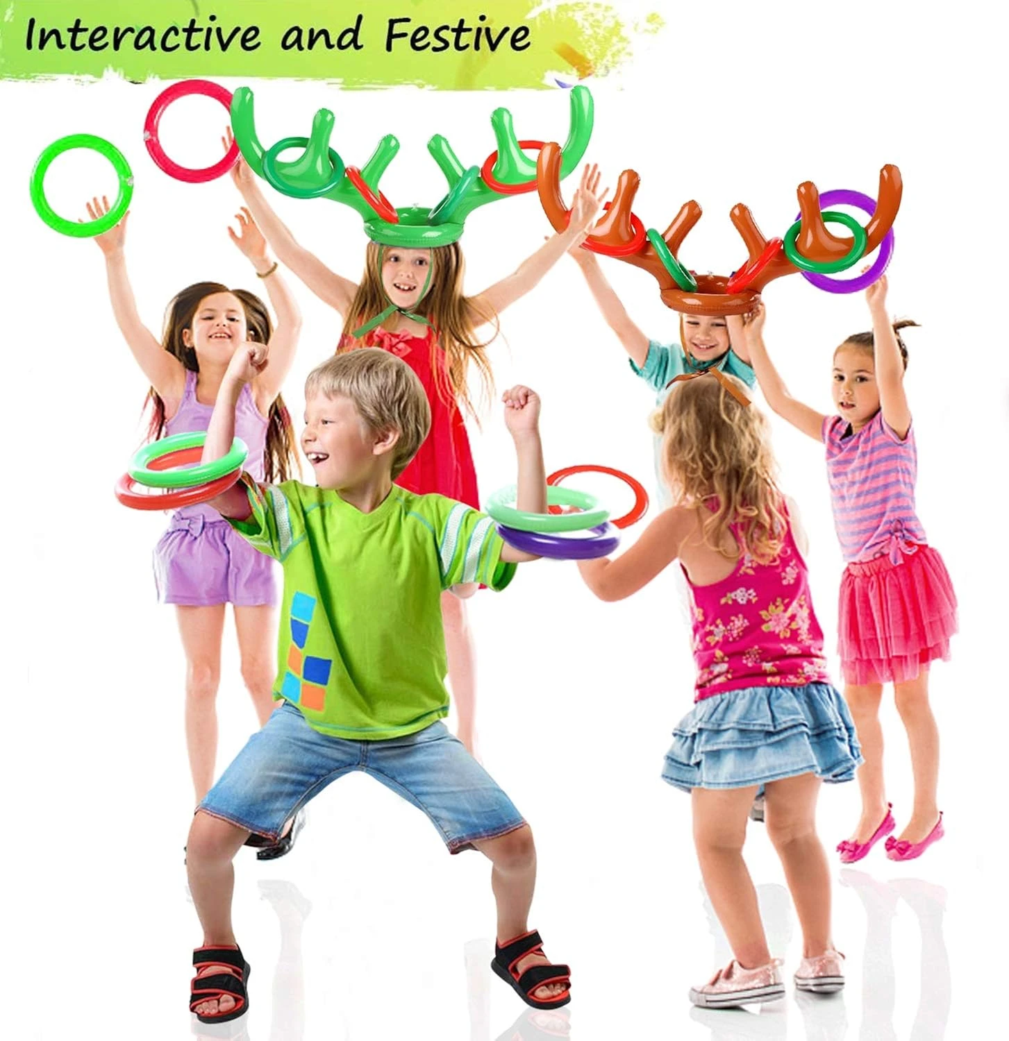 TURNMEON 3 Pack Inflatable Reindeer Antler Ring Toss Game For Christmas Holiday Thanksgiving Xmas Party Game Headband Inflatable Toys For Holiday Family School Photo Props Game(3 Antlers, 12 Rings) 4 TURNMEON 3 Pack Inflatable Reindeer Antler Ring Toss Game For Christmas Holiday Thanksgiving Xmas Party Game Headband Inflatable Toys For Holiday Family School Photo Props Game(3 Antlers, 12 Rings) - Image 2