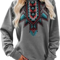 Mnhhatv Womens Aztec Geometric Graphic Sweatshirts Vintage Loose Long Sleeve Shirts Western Cowgirl Tops Christmas Plus Size