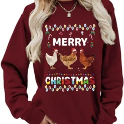 HHLLEOJK Women's Christmas Sweatshirts, Chickens Printed Mom's Sweatshirt Christmas Farm Shirt Long Sleeve Crewneck Pullover