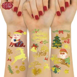 Christmas Temporary Tattoo - 118 Glitter Style Fake Tattoos For Kids, Gift Stickers With Santa Claus/Xmas Tree/Reindeer/Snowman,Fit Boys And Girls Birthday Party Family Gathering Deco