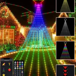 Outdoor Christmas Decorations Lights With Star, Smart DIY Custom Display 11.8Ft 64 Modes Yard Waterfall Tree Halloween String Lights, App Control 344LED RGB Color Changing Music Timer For Xmas Tree