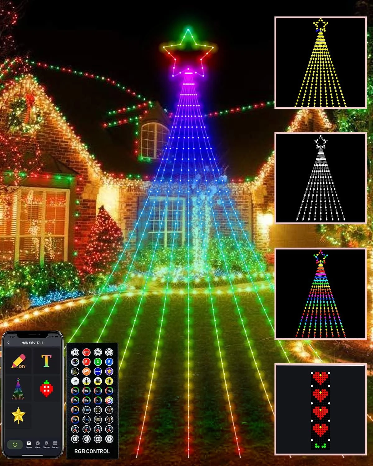 Outdoor Christmas Decorations Lights With Star, Smart DIY Custom Display 11.8Ft 64 Modes Yard Waterfall Tree Halloween String Lights, App Control 344LED RGB Color Changing Music Timer For Xmas Tree 3 Outdoor Christmas Decorations Lights With Star, Smart DIY Custom Display 11.8Ft 64 Modes Yard Waterfall Tree Halloween String Lights, App Control 344LED RGB Color Changing Music Timer For Xmas Tree