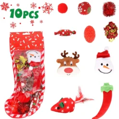 Jupsk 10 Pcs Christmas Cat Toys, Christmas Pet Stocking With Teasing Cat Wand And Toys Balls, Xmas Interactive Chew Toy For Pet Indoor Cats Kitten