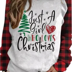 Just A Girl Who Loves Christmas Tree Sweatshirt For Women Raglan Sleeve Pullover Tops Color Block Shirt