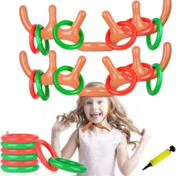 Inflatable Reindeer Antler Toss Headband Game Christmas Toy, For Kids Adults Family Christmas Party Favors Outdoor Indoor Ring Toss Xmas Games, 2 Antlers & 10 Rings & 1 Air Pump